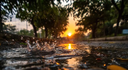 Poster - Sunset illuminates water droplet splash in a puddle on a tree-lined road, creating a vibrant, golden scene. : Generative AI