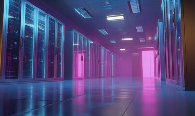 Fototapete - Neon-lit server room corridor, showcasing rows of sleek, glass-fronted server racks, bathed in vibrant pink and blue hues, creating a futuristic, technological atmosphere. : Generative AI