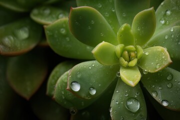 Poster - Close-up view of a succulent plant with water droplets on its leaves, showcasing the intricate details and vibrant green hues of the plant's texture. : Generative AI