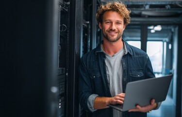 Aufkleber - Smiling IT specialist works on laptop in modern server room, leaning against network equipment.  He's dressed in a denim shirt and looks confident and professional. : Generative AI