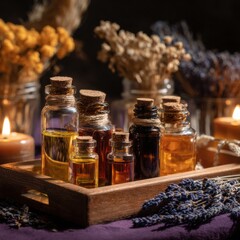 Aufkleber - Aromatic essential oils in glass bottles, arranged on a wooden tray with dried lavender and other herbs, creating a spa-like atmosphere. : Generative AI