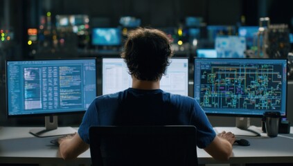 a programmer sits at a desk working late at night, intensely focused on three large computer monitor