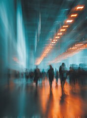 Fototapete - Blurred motion of people walking through a modern building with teal and orange lighting, creating a dynamic and energetic atmosphere. : Generative AI