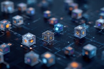 Poster - Abstract digital network with glowing cubes displaying various icons, representing data processing and interconnected systems.  A futuristic technology concept. : Generative AI