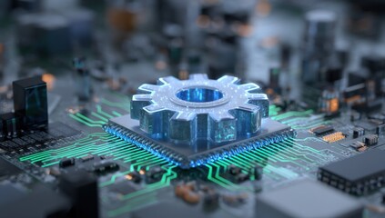Fototapete - A translucent gear rests atop a computer processor, illuminated with vibrant teal circuitry, symbolizing technological innovation and intricate engineering. : Generative AI