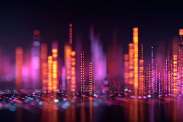Fototapete - Abstract cityscape at night, glowing orange and pink digital towers, futuristic urban landscape, illuminated buildings, vibrant colors, technology theme. : Generative AI
