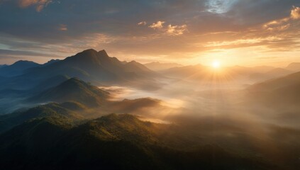 Poster - The sun rises behind the mountain peak : Generative AI
