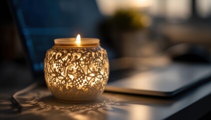 Poster - A lit candle in an ornate, white, lace-like jar sits on a desk near a laptop, casting soft shadows. The warm light creates a peaceful, relaxing atmosphere. : Generative AI
