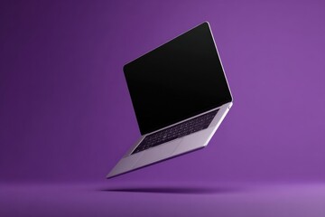 Poster - A silver laptop computer floats against a vibrant purple background, its screen dark and inviting, suggesting concepts of technology, innovation, and modern design. : Generative AI