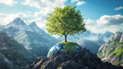 Aufkleber - Lush green tree atop a miniature Earth on a mountain peak against a backdrop of majestic snow-capped mountains under a vibrant sky.
