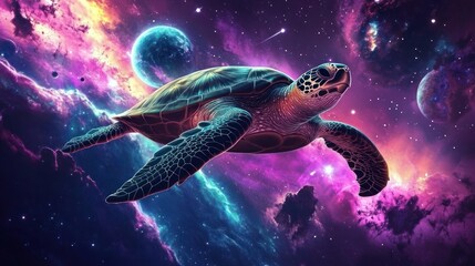 Wall Mural - Cosmic turtle in a vibrant nebula-filled space.