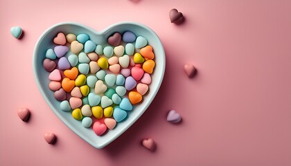 Wall Mural - colorful candy in heart shaped dish on soft pink background