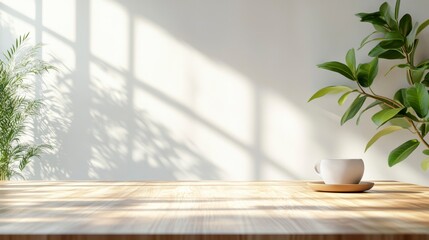 Poster - Sunlit wooden table with coffee cup and plants, minimalist interior design.