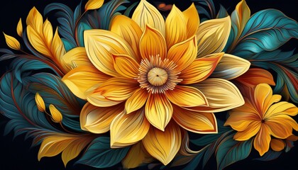 Wall Mural - bright floral pattern design featuring a vibrant yellow flower and rich color palette on black background