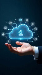 a hand gently cradles a glowing cloud containing various digital icons, symbolizing data storage and