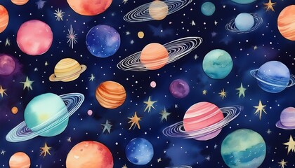 Wall Mural - a watercolor cosmos seamless pattern with planets stars and galaxies on a dark blue space background generative ai