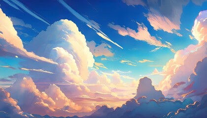 Wall Mural - anime style huge clouds in the sky flowing in morning light