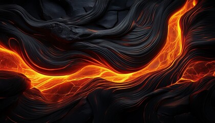 Wall Mural - black slate stone wall with abstract waves of glowing bright lava a mesmerizing flow of glowing molten lava rough rocky wavy pattern stone texture wallpaper