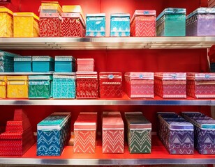 Wall Mural - colorful display of wishes at your fingertips pop mart blind box merchandise on red retail shelves