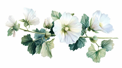 Wall Mural - Beautiful watercolor illustration of white musk mallow with green leaves, illustration, white musk mallow, leaves, watercolor illustration. [Gravity Bloom] | Airborne Blossom | sky bloom. Illustration