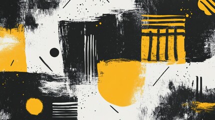 Aufkleber - Abstract black, white, and mustard yellow paint strokes and shapes on a textured background.