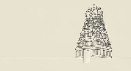 Elegant minimalist line art of a Hindu temple ornate tower design in beige backdrop