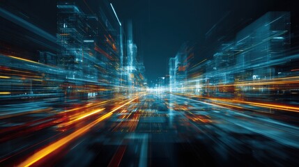 Wall Mural - Abstract city skyline at night with light trails and motion blur representing technology, speed, and futuristic vision in vibrant colors