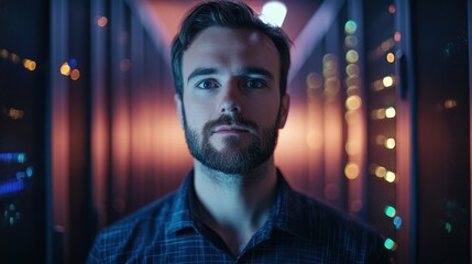 a focused young male it specialist poses for a portrait in a modern data center surrounded by server