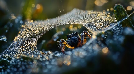 Close-up of spider in a dewy web with intricate details, illuminated by sunlight