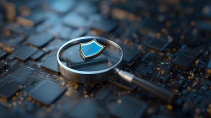 magnifying cybersecurity protection shield on a circuit board, illustrating data security and system