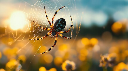 Spider in web, illuminated by the sun, against a blurred wildflower meadow