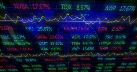 Wall Mural - Flat-design stock market data overlay showing colored tickers and fluctuating graphs over blue map