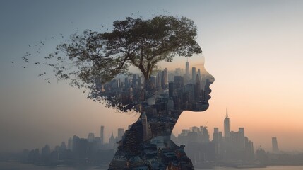 Wall Mural - Elegant Silhouette of a Woman with Urban Landscape and Tree Elements Merging in a Dreamy Cityscape at Sunrise for a Concept of Nature and Humanity