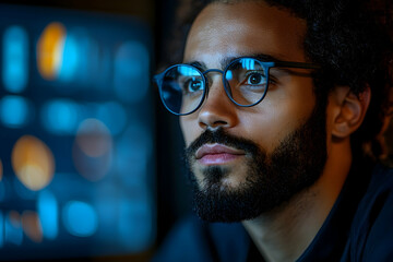 focused man working on computer data analysis technology concept