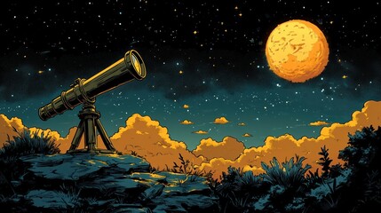 Wall Mural - A nighttime sky observation with a telescope and a large moon.