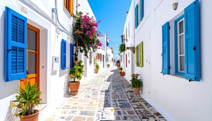 Naklejka na meble Charming Greek Island Street: Vibrant Colors and Sunny Day