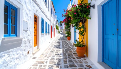 Naklejka na meble Vibrant Greek Island Street: A Picturesque Alleyway with Colorful Doors and Flowers
