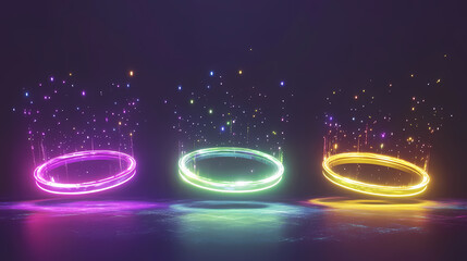 Wall Mural - Modern realistic illustration of neon purple, yellow, green hologram teleports. space game ui design elements with sparkles. [Neon Folktales] | Pixel Ritual | glowing chant. Illustration