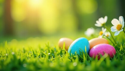  Colorful Easter eggs hidden in spring grass, vibrant celebration , festive, illustration