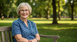 © StockWorld - Smiling Senior Woman on Park Bench: Portrait of Grace, Elegance & Autumn Serenity. Celebrating Aging, Outdoors Lifestyle & Natural Beauty