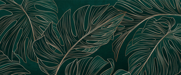 Wall Mural - dark luxury art background with monstera leaves in gold line art style. botanical banner with tropic