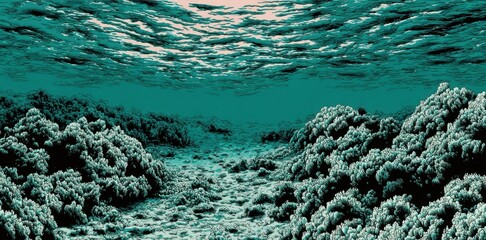 Wall Mural - underwater coral reef scene with teal water.