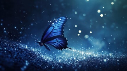 majestic butterfly with glowing dust and blue fantasy background illustration