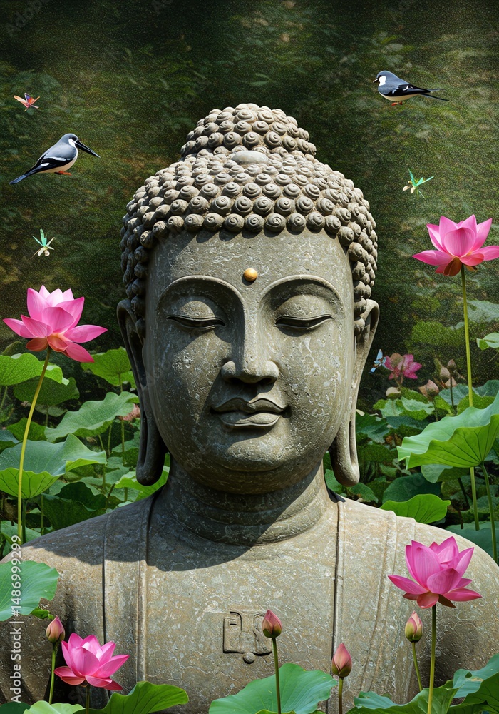 Serene Buddha Statue Amidst Lotus Flowers and Birds Stock Photo | Adobe ...