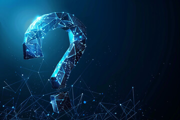 Wall Mural - virtual low poly hologram question mark with shine on digital dark blue background