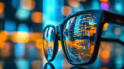 A glasses with a computer screen, reflecting blue light. Business and technology video concept