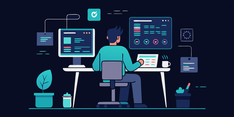 Software Developer Working Late on Computer Project