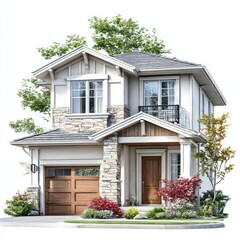 Aufkleber - Elegant Two-Story Home with Stone Accents and Lush Landscaping, a Charming Residential Façade