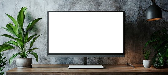 Wall Mural - transparent png screen led monitor on a wooden table, with an empty wall behind for copy. - perfect 