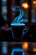 © Anuphong - Glowing Blue Coffee Cup with Steam in Dark Cafe Setting